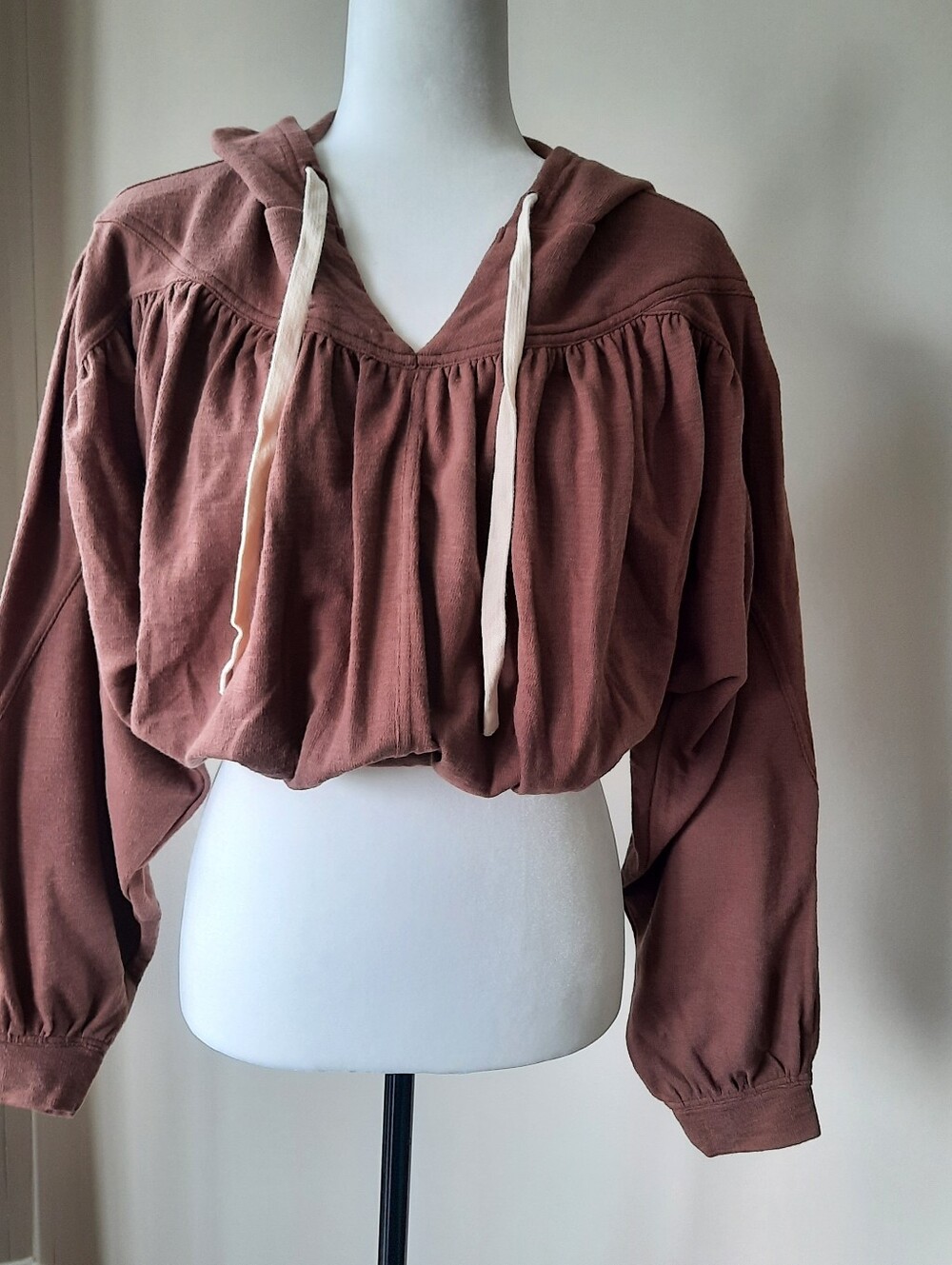 Cropped Rust Brown Hoodie Top with Gathered Front